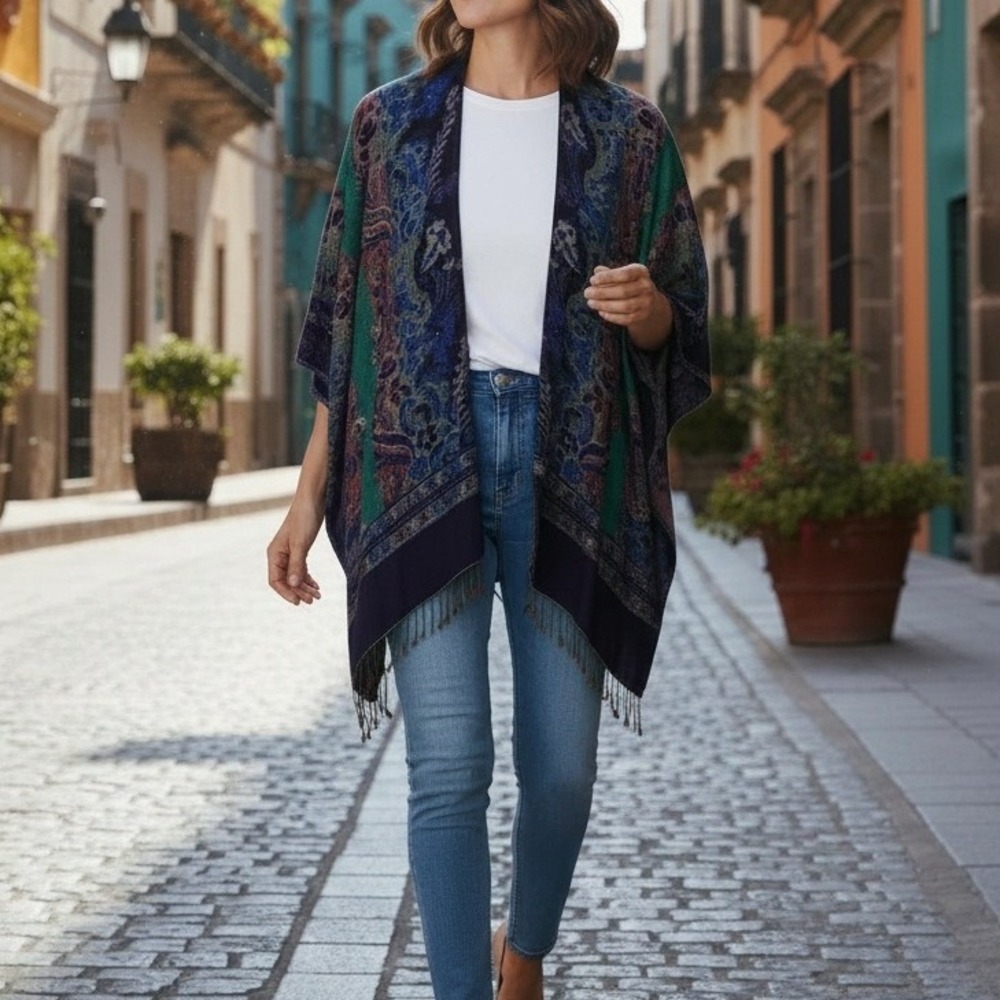 Floral Paisley Kimono Blue Purple Fringe Shawl‎ Wrap Festival Boho Indie